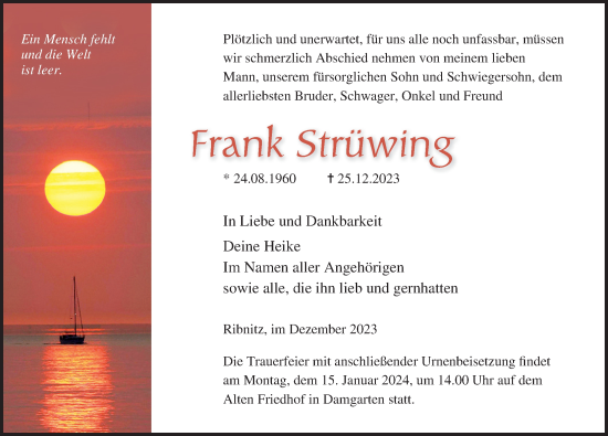 Traueranzeige von Frank Strüwing von Ostsee-Zeitung GmbH