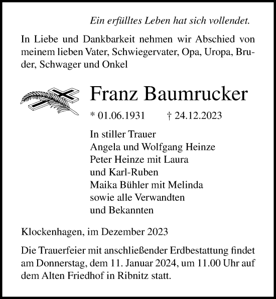 Traueranzeige von Franz Baumrucker von Ostsee-Zeitung GmbH