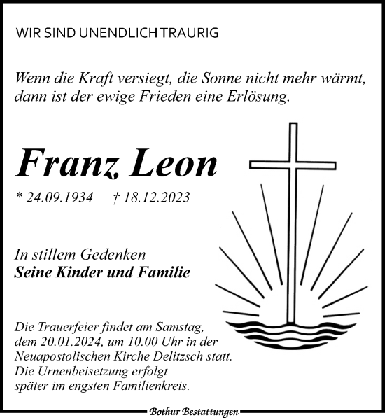 Traueranzeige von Franz Leon von Leipziger Volkszeitung