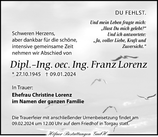 Traueranzeige von Franz Lorenz von Torgauer Zeitung