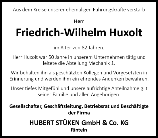 Traueranzeige von Friedrich-Wilhelm Huxolt von Schaumburger Zeitung/ Landes-Zeitung