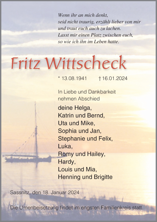 Traueranzeige von Fritz Wittscheck von Ostsee-Zeitung GmbH