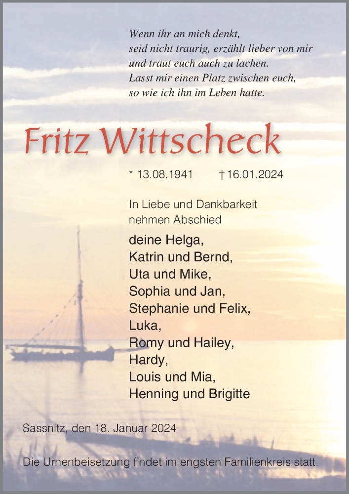  Traueranzeige für Fritz Wittscheck vom 27.01.2024 aus Ostsee-Zeitung GmbH