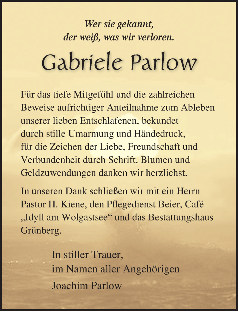  Traueranzeige für Gabriele Parlow vom 09.01.2024 aus Ostsee-Zeitung GmbH