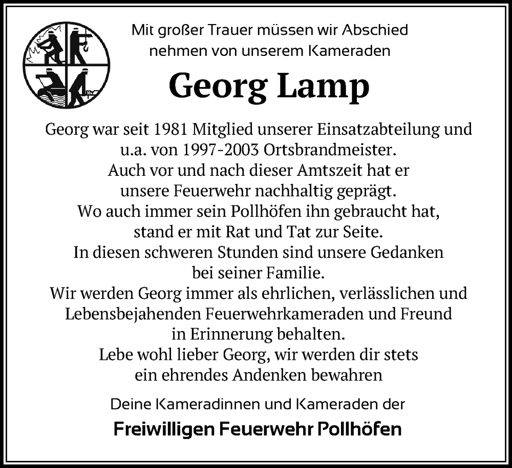  Traueranzeige für Georg Lamp vom 10.01.2024 aus Aller Zeitung