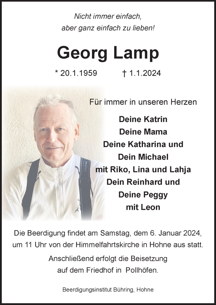  Traueranzeige für Georg Lamp vom 05.01.2024 aus Aller Zeitung