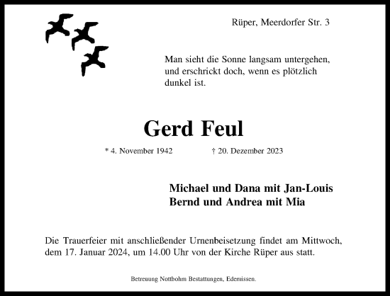 Traueranzeige von Gerd Feul von Peiner Allgemeine Zeitung