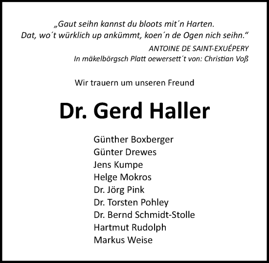 Traueranzeige von Gerd Haller von Ostsee-Zeitung GmbH
