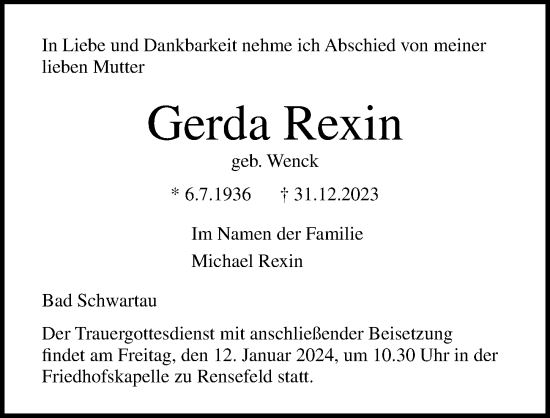Traueranzeige von Gerda Rexin von Lübecker Nachrichten