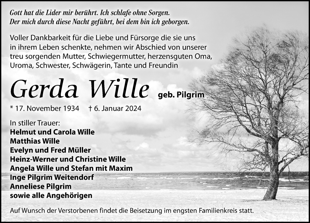  Traueranzeige für Gerda Wille vom 20.01.2024 aus Wochenspiegel