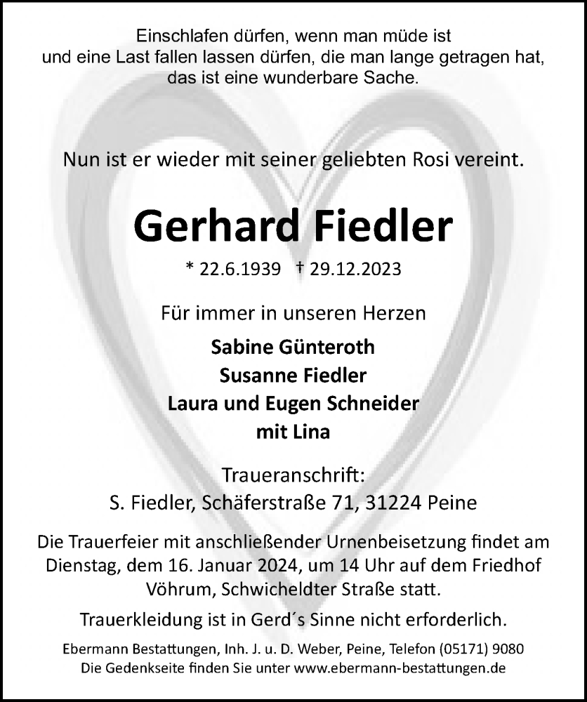  Traueranzeige für Gerhard Fiedler vom 06.01.2024 aus Peiner Allgemeine Zeitung