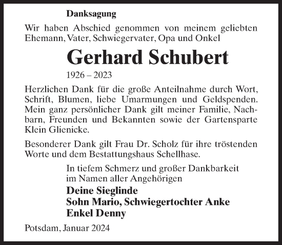 Traueranzeige von Gerhard Schubert von Märkischen Allgemeine Zeitung