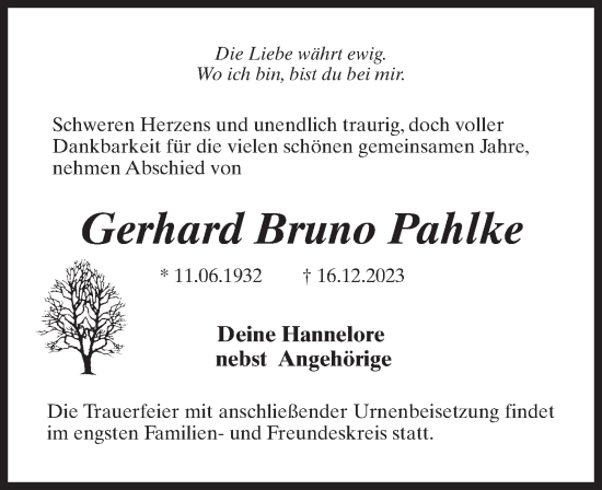 Traueranzeige von Gerhard Bruno Pahlke von Märkischen Allgemeine Zeitung