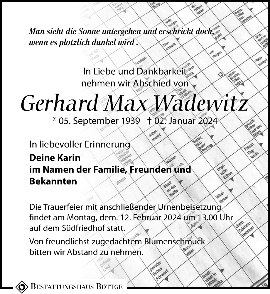  Traueranzeige für Gerhard Max Wadewitz vom 27.01.2024 aus Leipziger Volkszeitung