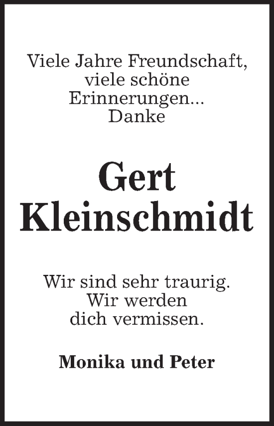 Traueranzeige von Gert Kleinschmidt von Kieler Nachrichten