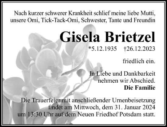 Traueranzeige von Gisela Brietzel von Märkischen Allgemeine Zeitung