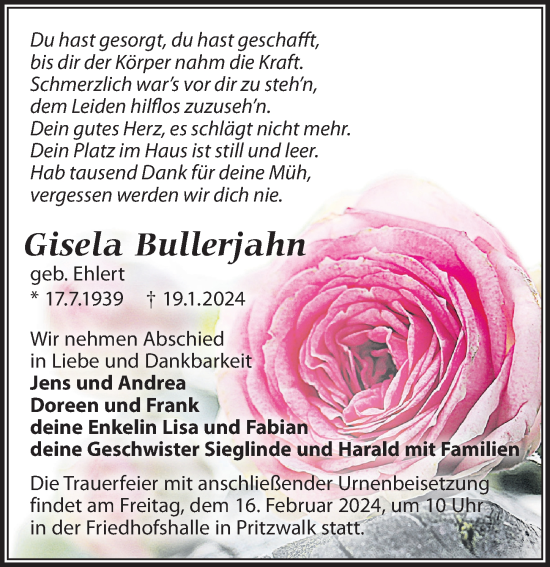 Traueranzeige von Gisela Bullerjahn von Wochenspiegel