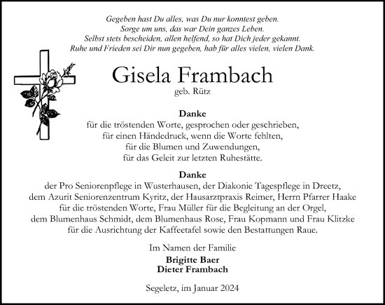 Traueranzeige von Gisela Frambach