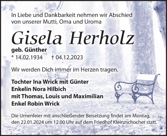 Traueranzeige von Gisela Herholz von Leipziger Volkszeitung