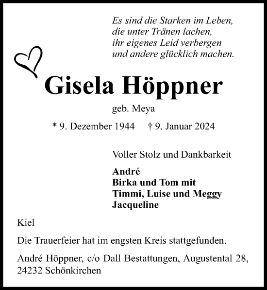 Traueranzeige von Gisela Höppner von Kieler Nachrichten