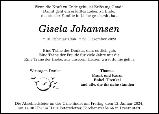 Traueranzeigen von Gisela Johannsen | trauer-anzeigen.de