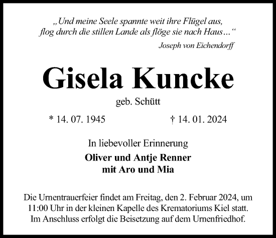 Traueranzeige von Gisela Kuncke von Kieler Nachrichten