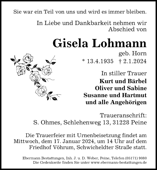 Traueranzeige von Gisela Lohmann von Peiner Allgemeine Zeitung