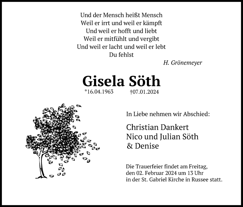  Traueranzeige für Gisela Söth vom 20.01.2024 aus Kieler Nachrichten