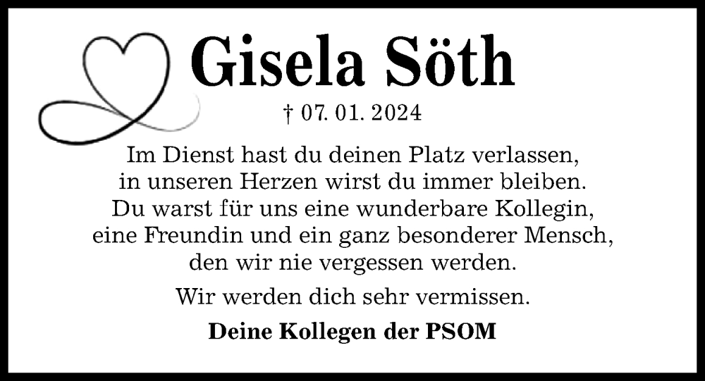  Traueranzeige für Gisela Söth vom 13.01.2024 aus Kieler Nachrichten