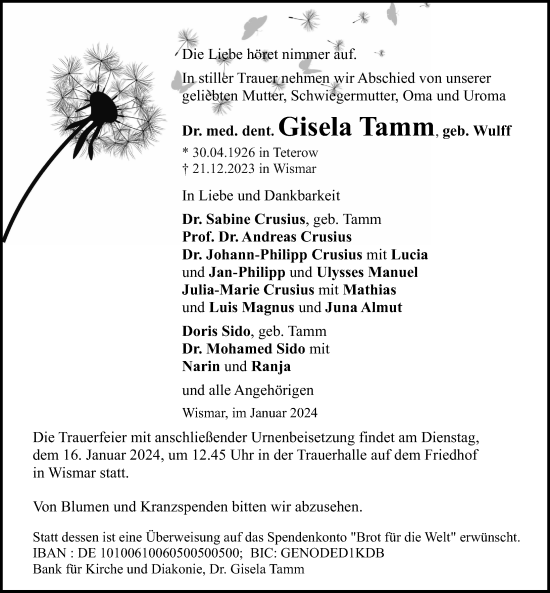 Traueranzeige von Gisela Thamm von Ostsee-Zeitung GmbH