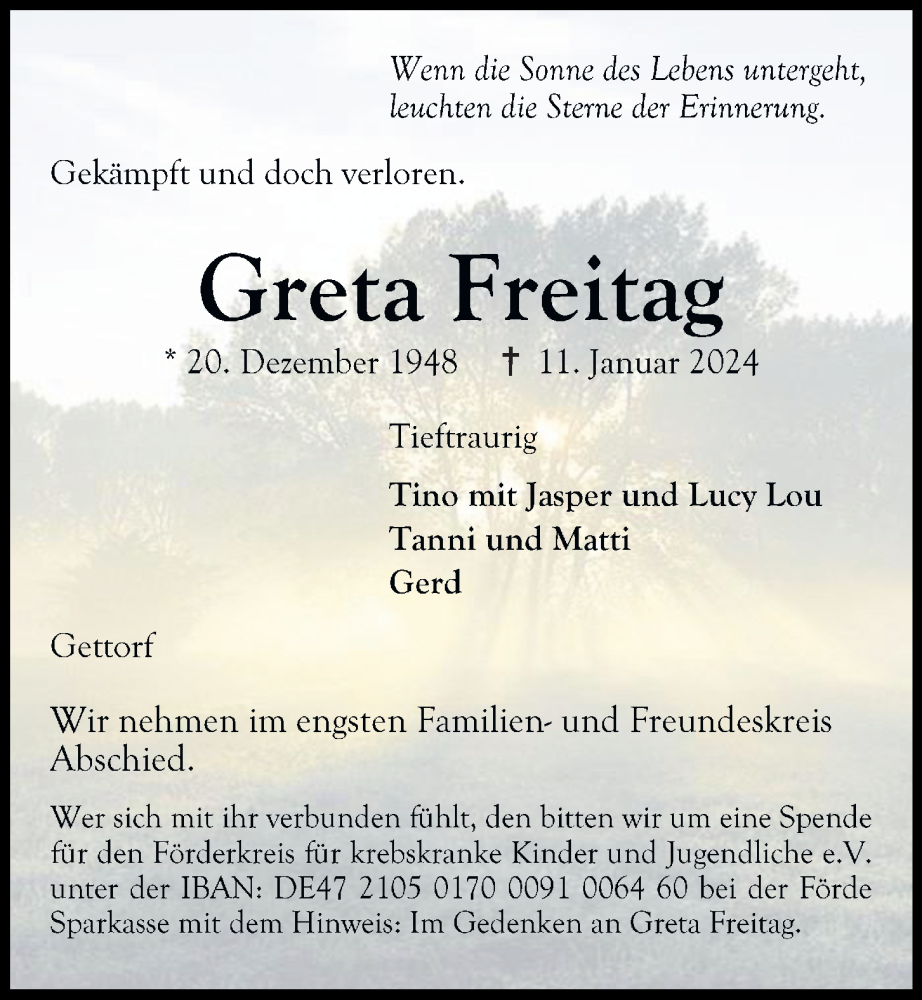  Traueranzeige für Greta Freitag vom 20.01.2024 aus Kieler Nachrichten