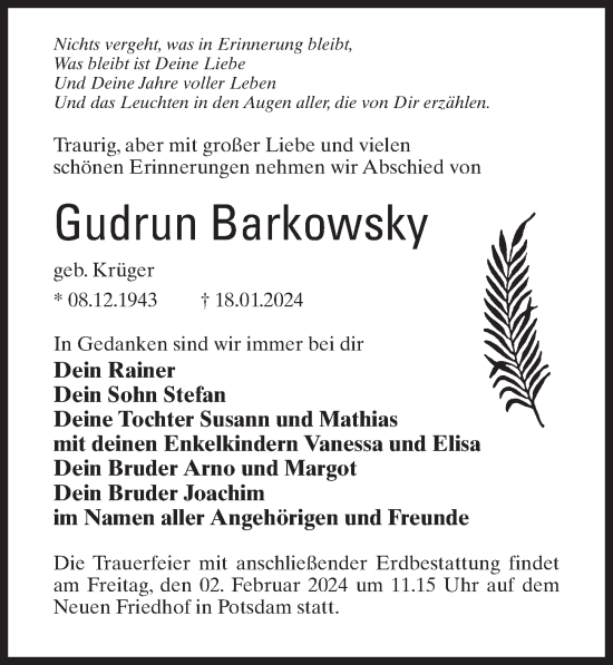 Traueranzeige von Gudrun Barkowsky von Märkischen Allgemeine Zeitung