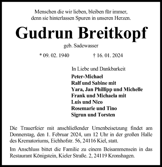 Traueranzeige von Gudrun Breitkopf von Kieler Nachrichten