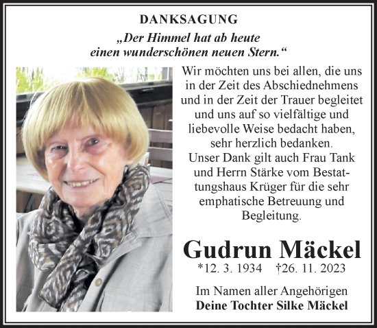 Traueranzeige von Gudrun Mäckel von Märkischen Allgemeine Zeitung