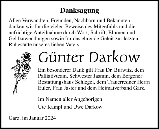 Traueranzeige von Günter Darkow von Ostsee-Zeitung GmbH