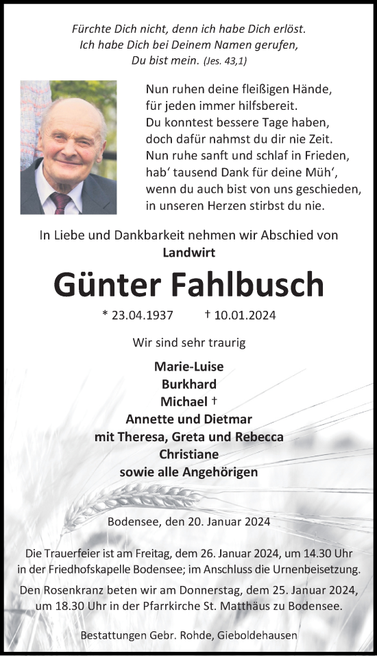 Traueranzeige von Günter Fahlbusch von Eichsfelder Tageblatt