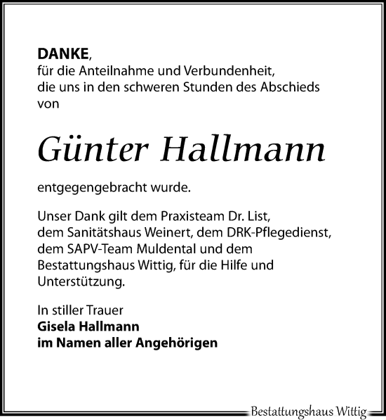 Traueranzeige von Günter Hallmann von Leipziger Volkszeitung