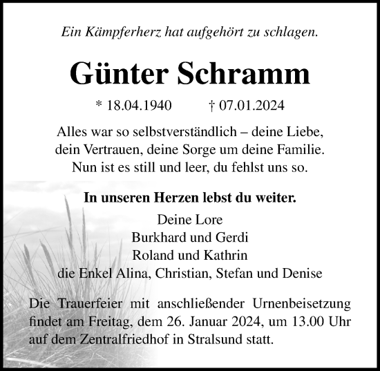 Traueranzeige von Günter Schramm von Ostsee-Zeitung GmbH