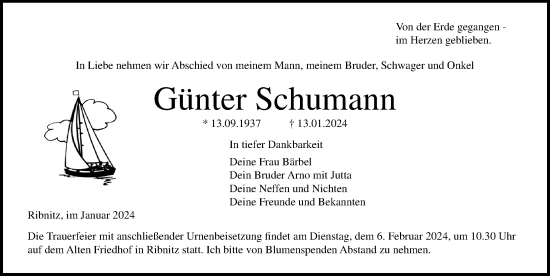 Traueranzeige von Günter Schumann von Ostsee-Zeitung GmbH