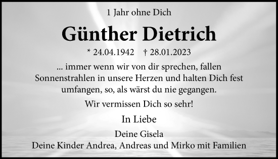 Traueranzeige von Günther Dietrich von Leipziger Volkszeitung