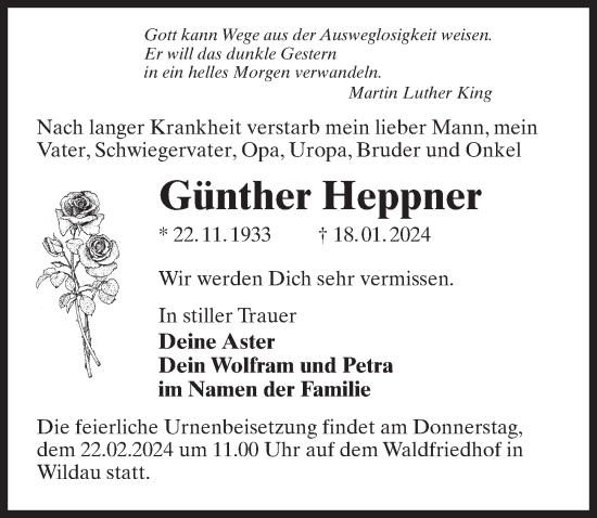 Traueranzeige von Günther Heppner von Märkischen Allgemeine Zeitung