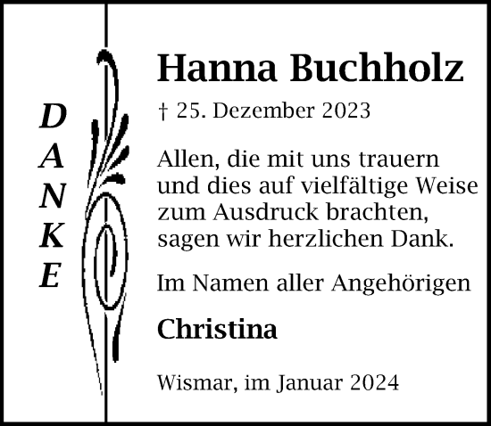 Traueranzeige von Hanna Buchholz von Ostsee-Zeitung GmbH