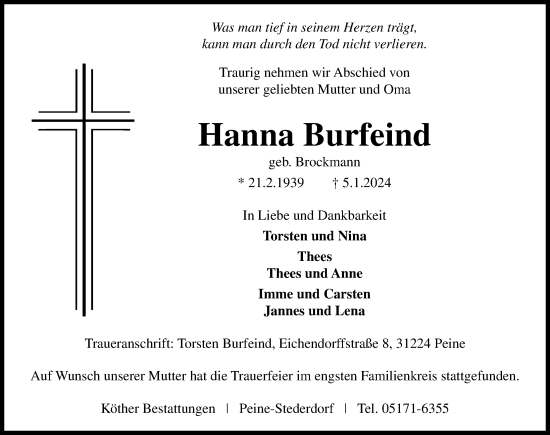 Traueranzeige von Hanna Burfeind von Peiner Allgemeine Zeitung