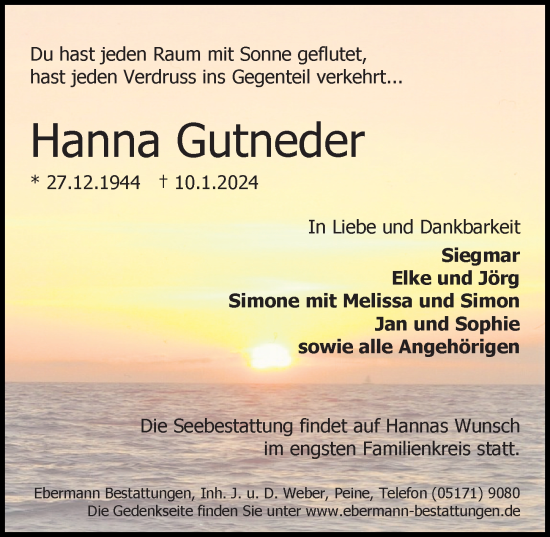 Traueranzeige von Hanna Gutneder von Peiner Allgemeine Zeitung