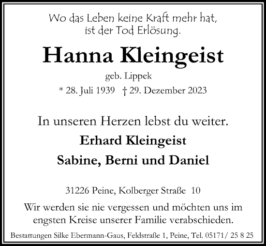 Traueranzeige von Hanna Kleingeist von Peiner Allgemeine Zeitung