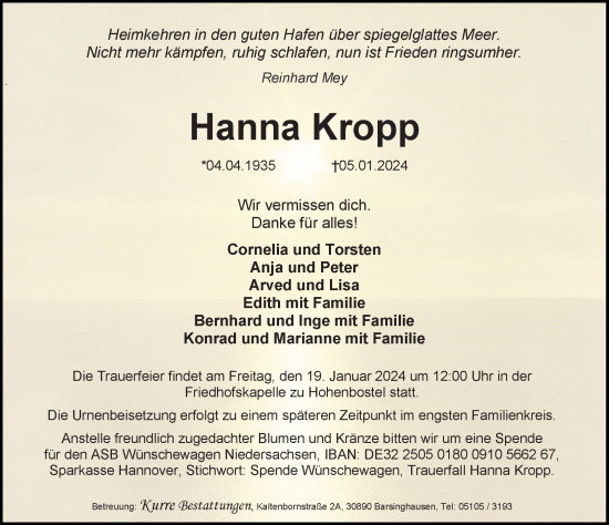 Traueranzeige von Hanna Kropp von Hannoversche Allgemeine Zeitung/Neue Presse