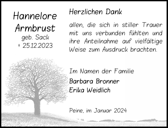 Traueranzeige von Hannelore Armbrust von Peiner Allgemeine Zeitung