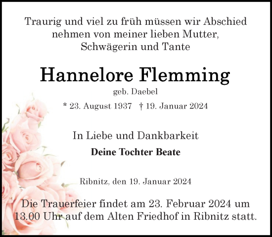 Traueranzeige von Hannelore Flemming von Ostsee-Zeitung GmbH