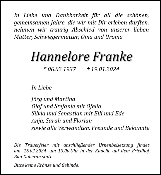 Traueranzeige von Hannelore Franke von Ostsee-Zeitung GmbH