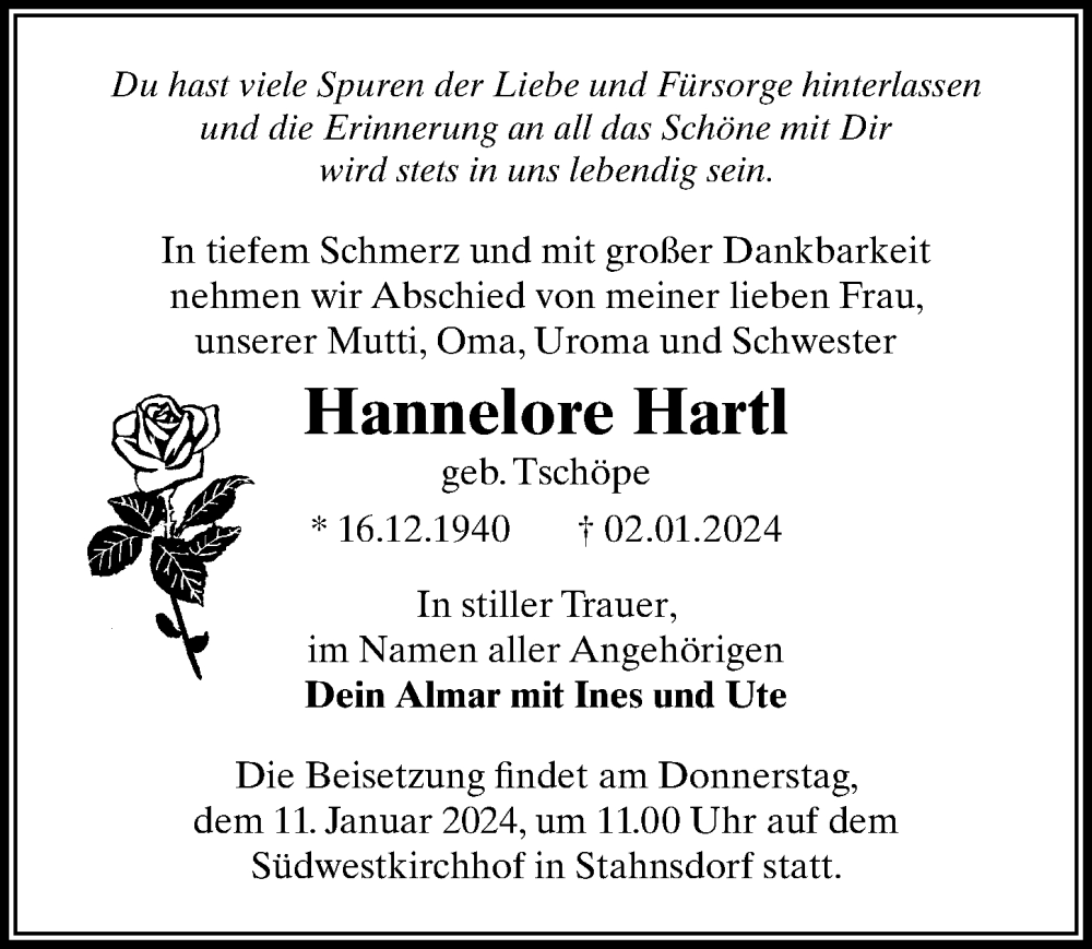  Traueranzeige für Hannelore Hartl vom 06.01.2024 aus Märkischen Allgemeine Zeitung